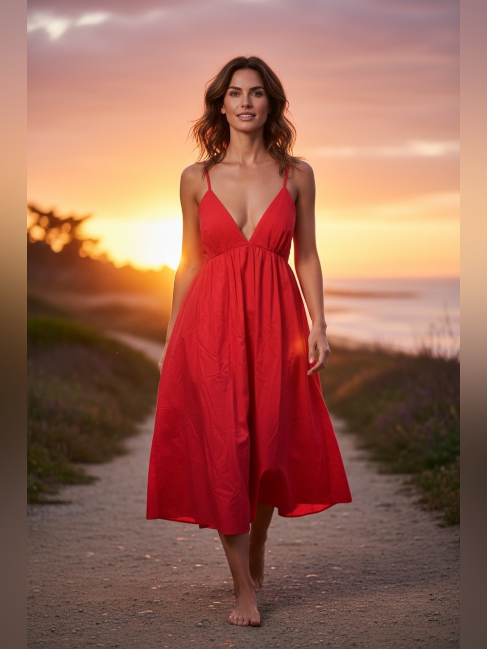 Commense Red Spaghetti-Strap V-Neck Midi Dress Sz M